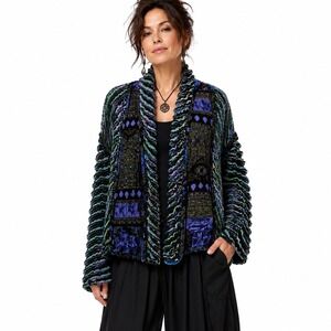 Vintage 90s Sue Blue 3D Textured Slashed Rayon Open Front Jacket OS USA Boho Art